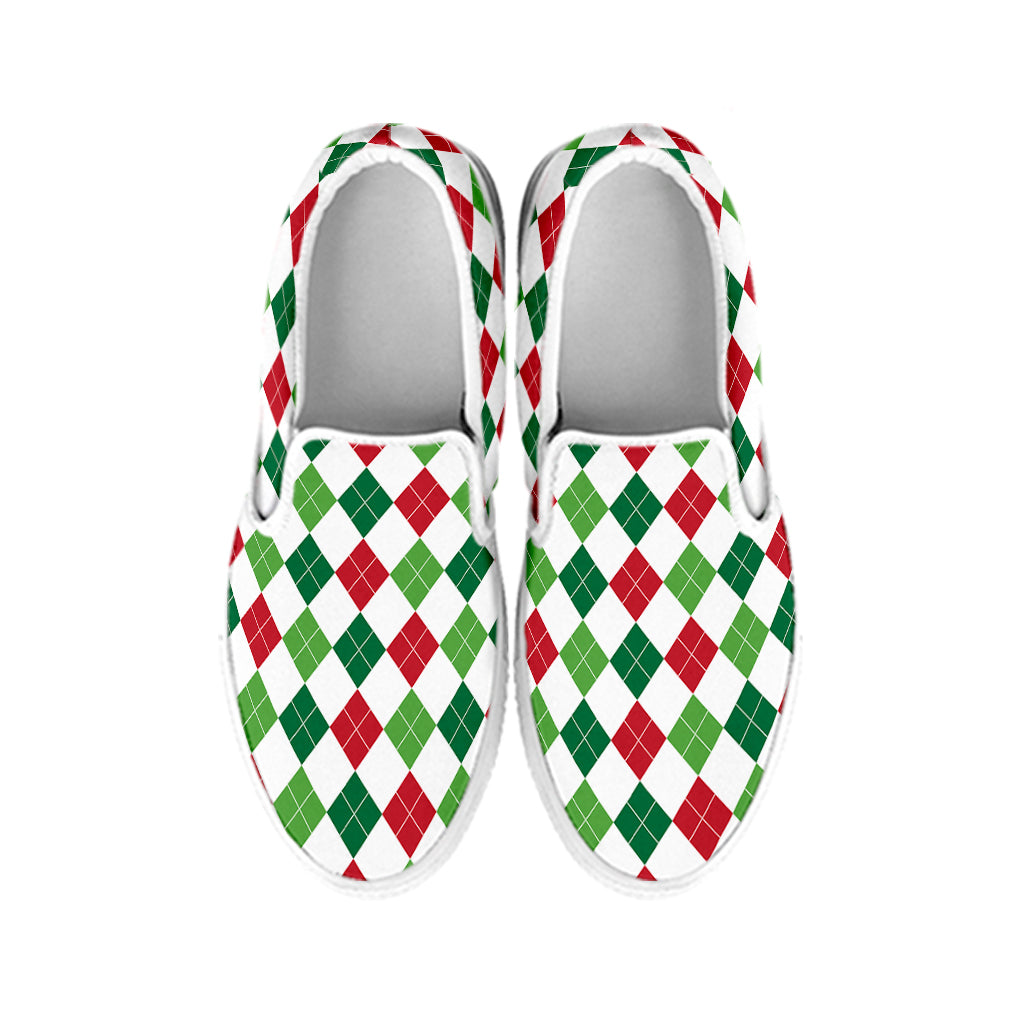 Merry Christmas Argyle Pattern Print White Slip On Shoes