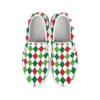 Merry Christmas Argyle Pattern Print White Slip On Shoes