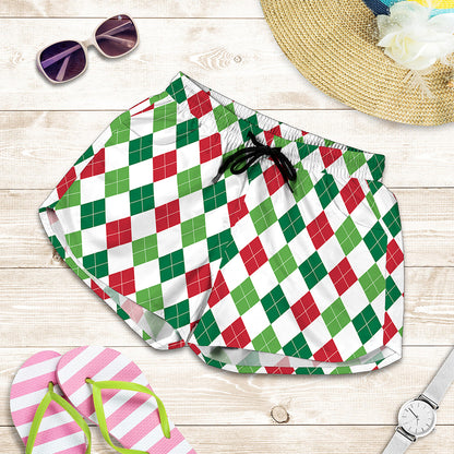 Merry Christmas Argyle Pattern Print Women's Shorts