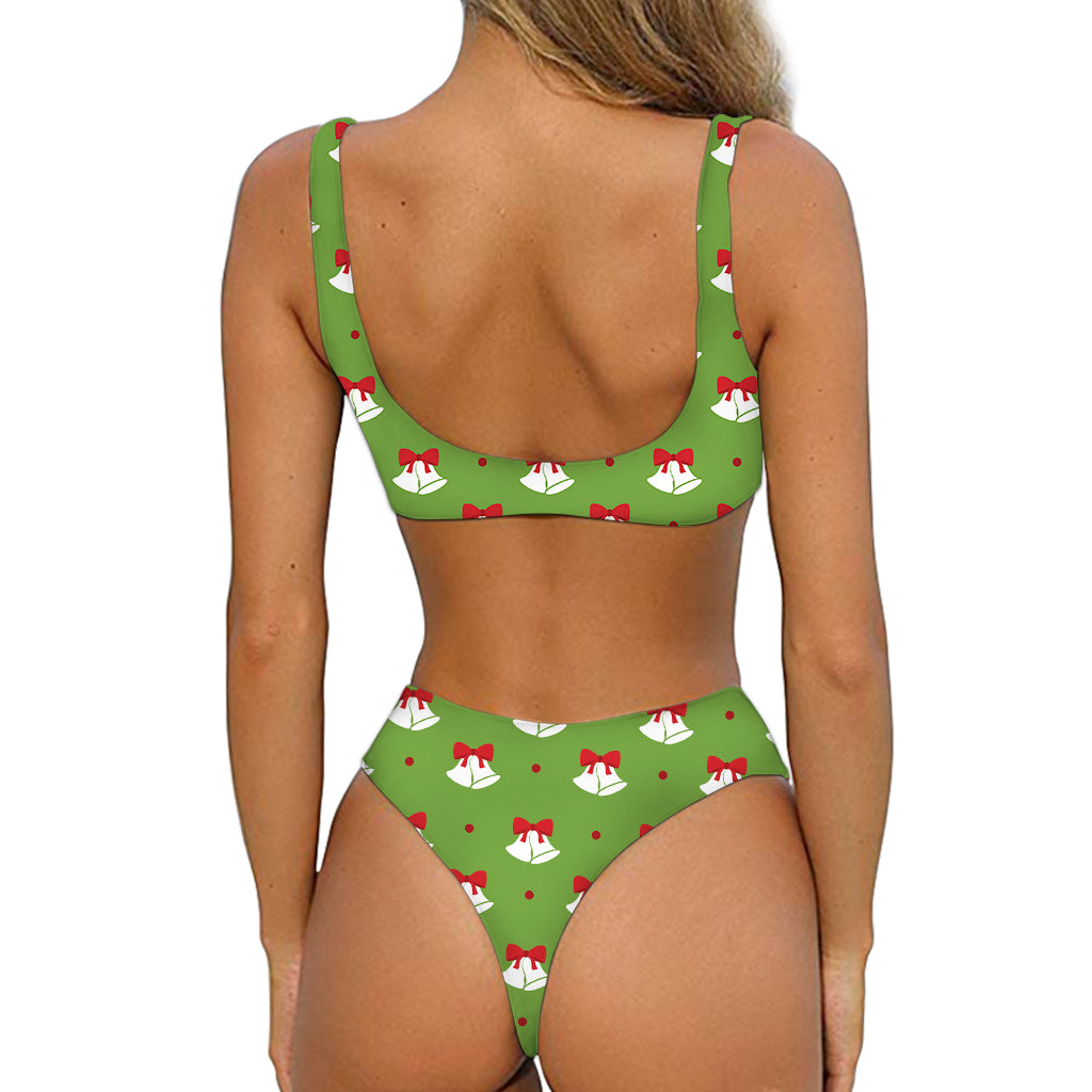 Merry Christmas Bells Pattern Print Front Bow Tie Bikini