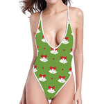 Merry Christmas Bells Pattern Print One Piece High Cut Swimsuit