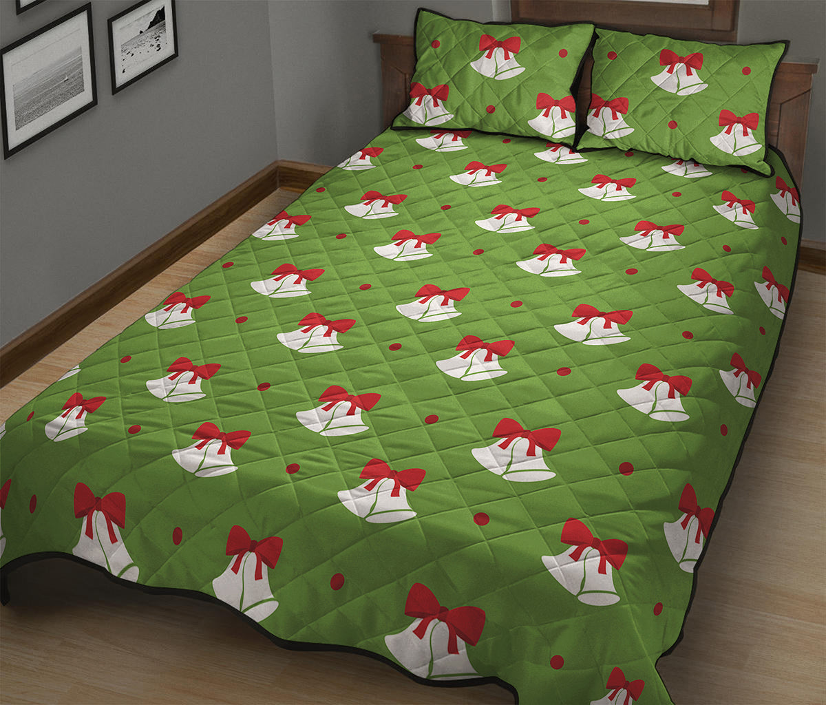 Merry Christmas Bells Pattern Print Quilt Bed Set
