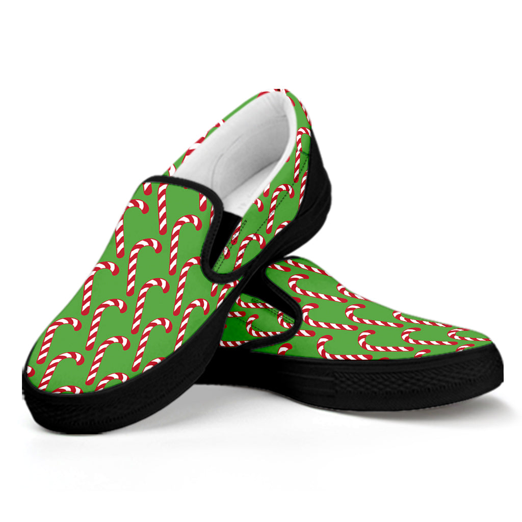 Merry Christmas Candy Cane Pattern Print Black Slip On Shoes