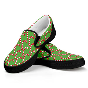 Merry Christmas Candy Cane Pattern Print Black Slip On Shoes