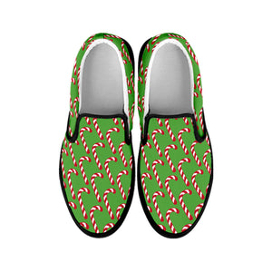 Merry Christmas Candy Cane Pattern Print Black Slip On Shoes