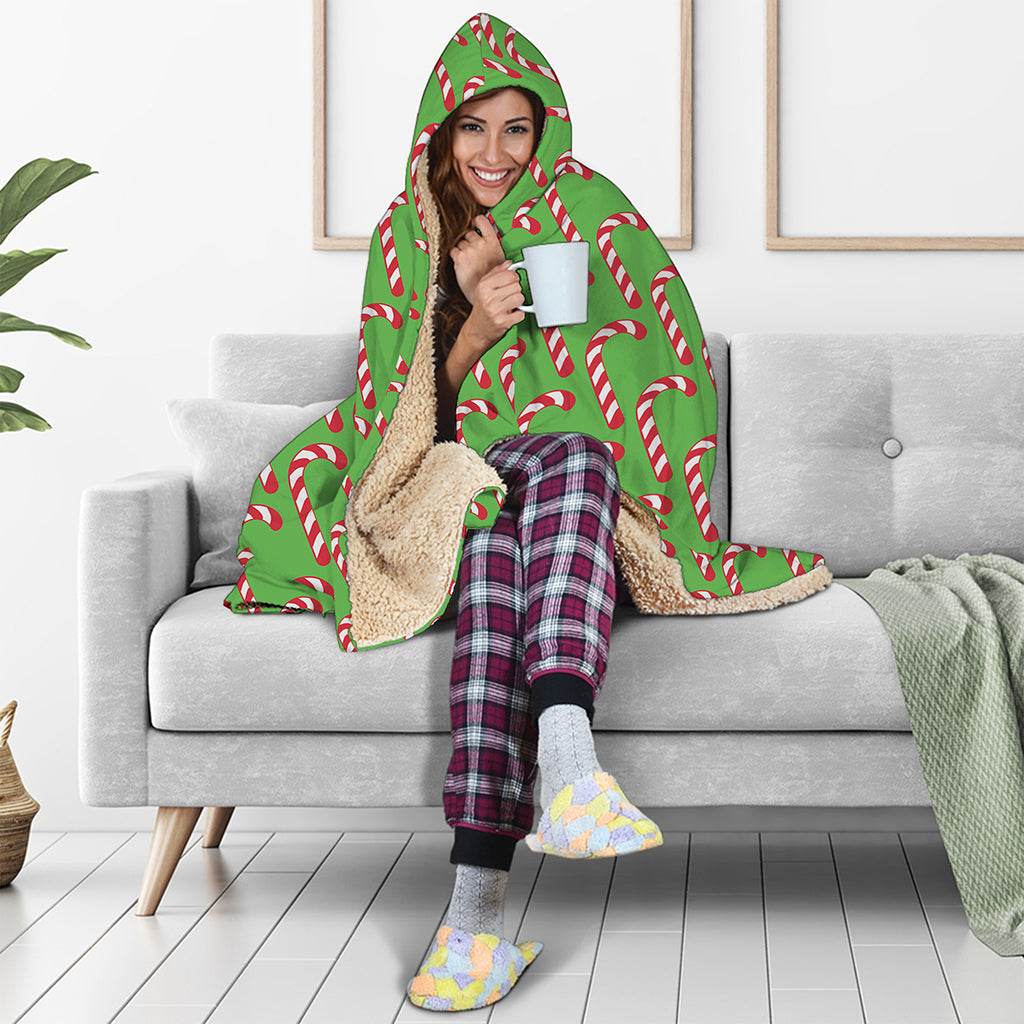 Merry Christmas Candy Cane Pattern Print Hooded Blanket