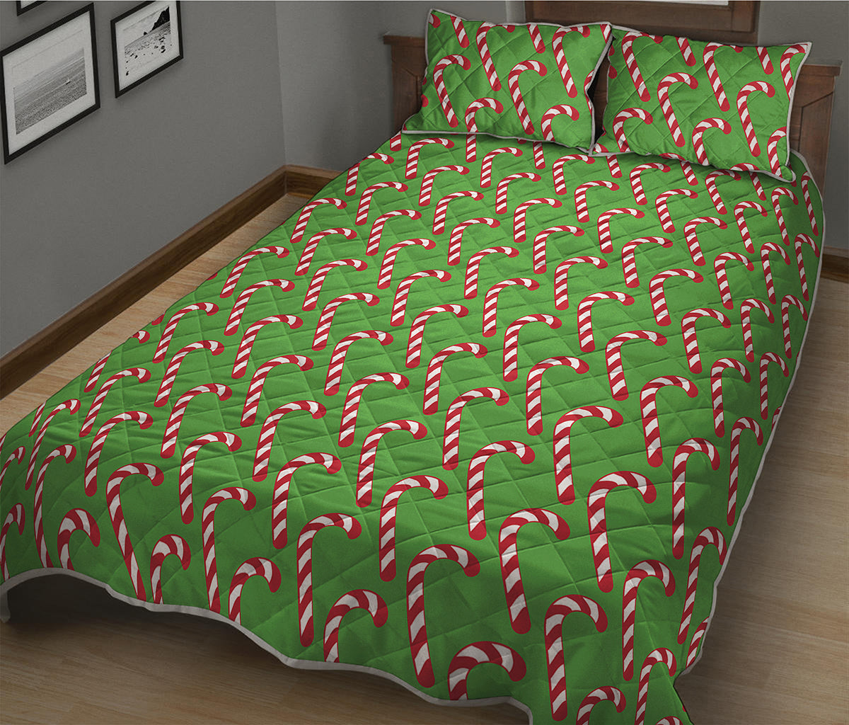 Merry Christmas Candy Cane Pattern Print Quilt Bed Set