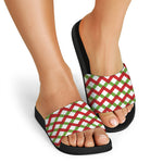 Merry Christmas Checkered Pattern Print Black Slide Sandals