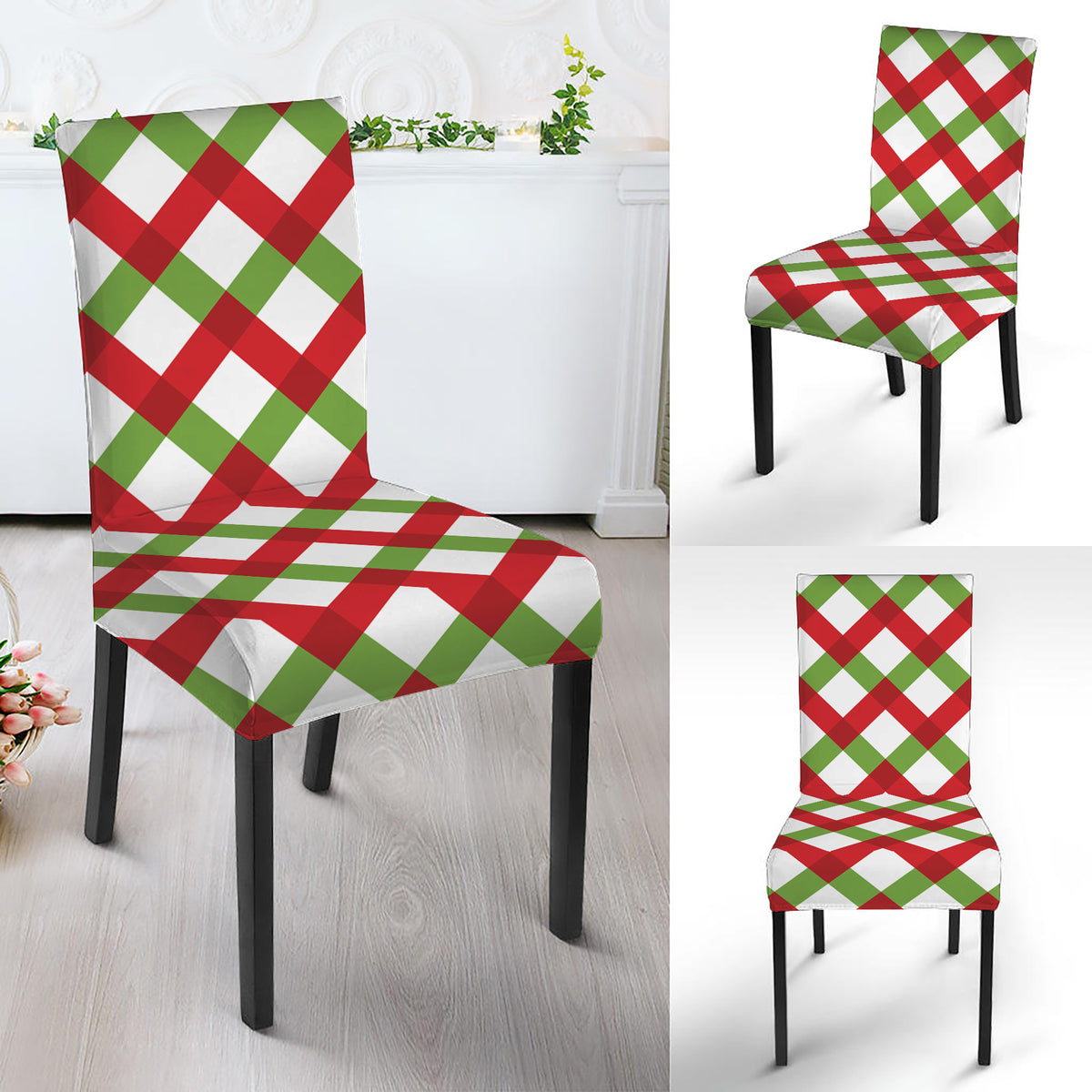 Merry Christmas Checkered Pattern Print Dining Chair Slipcover