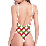 Merry Christmas Checkered Pattern Print One Piece High Cut Swimsuit