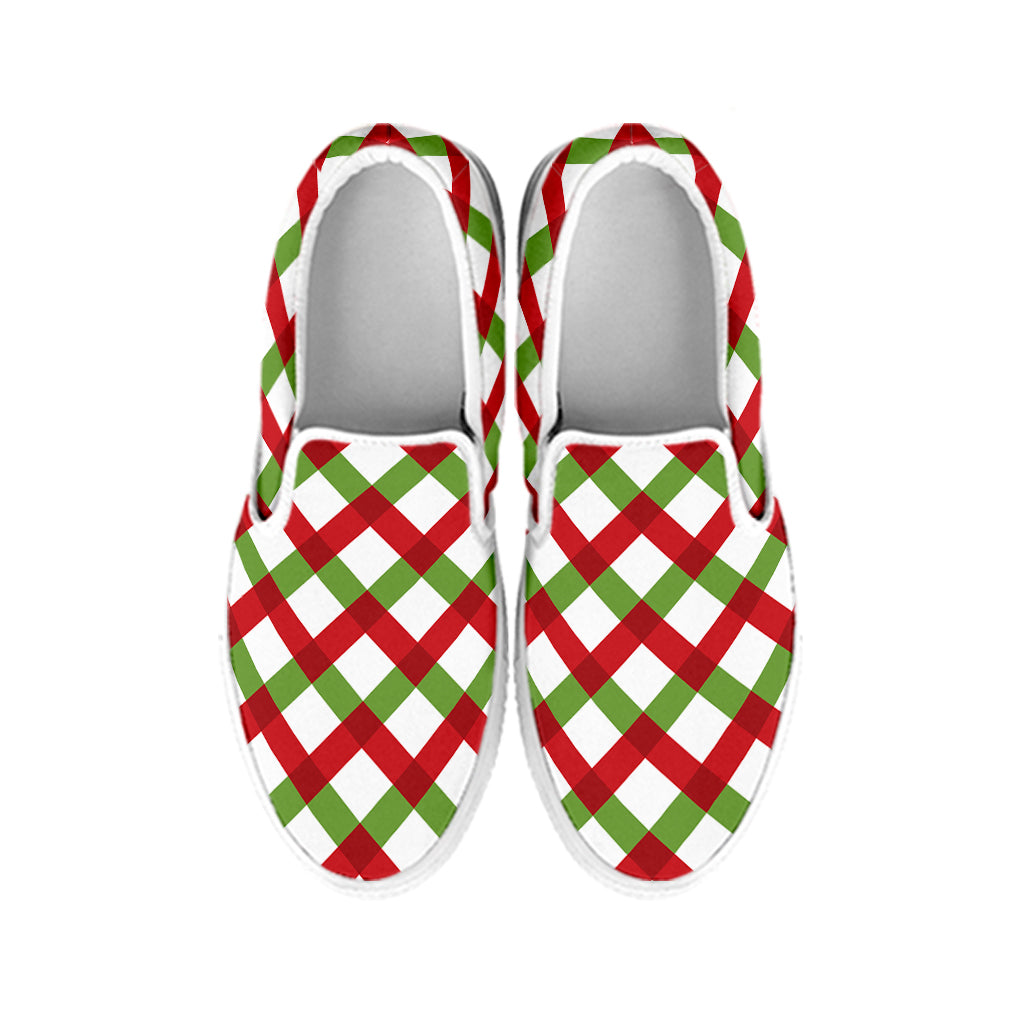 Merry Christmas Checkered Pattern Print White Slip On Shoes