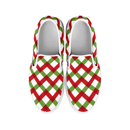 Merry Christmas Checkered Pattern Print White Slip On Shoes