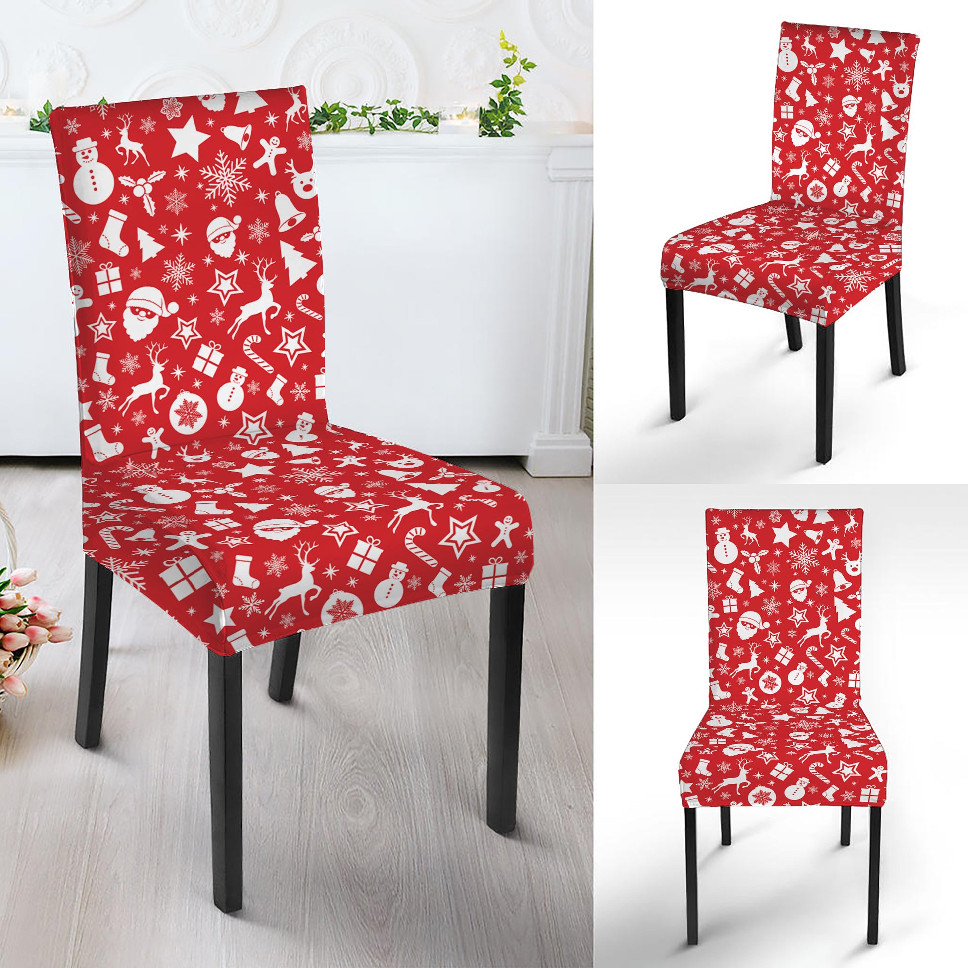 Merry Christmas Elements Pattern Print Dining Chair Slipcover