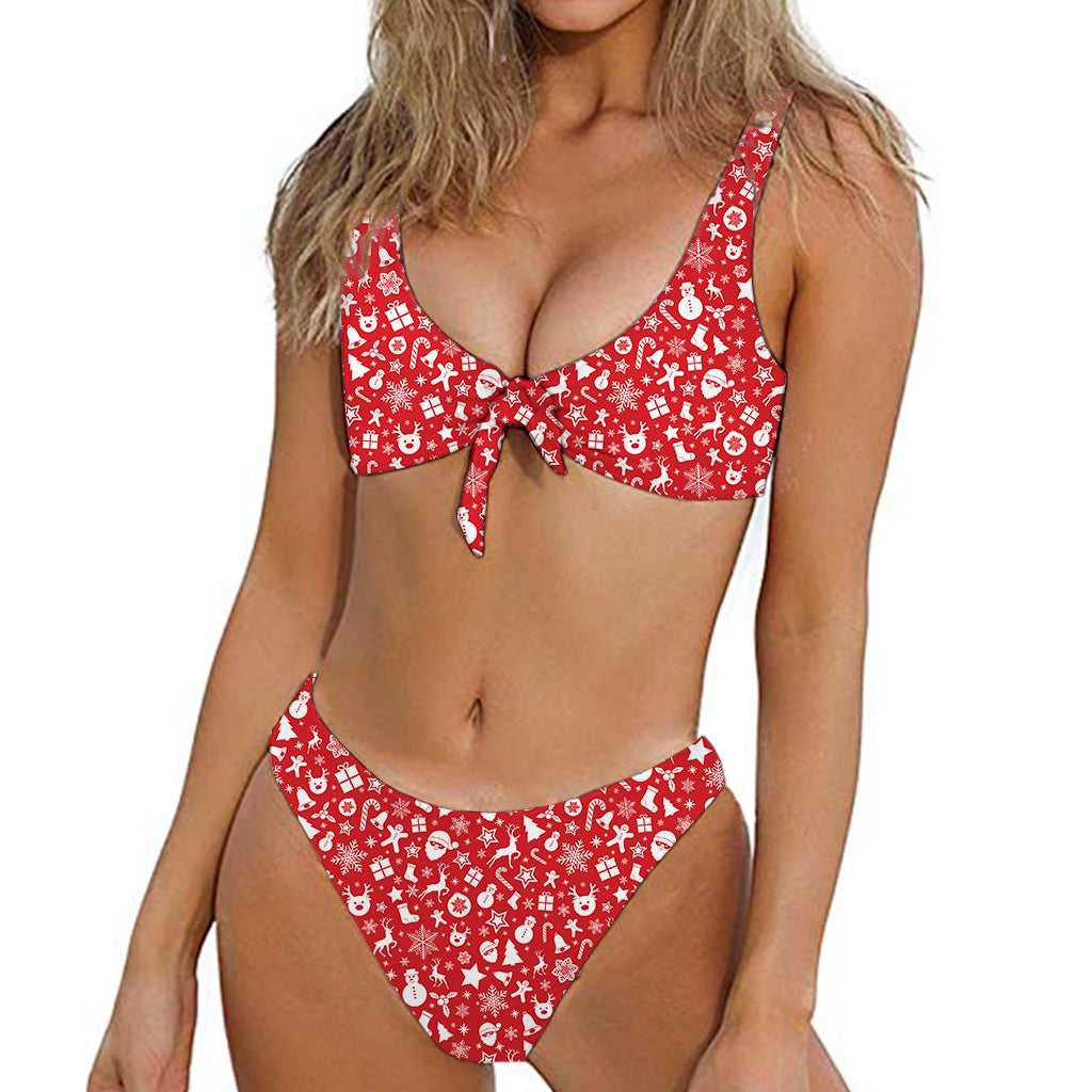 Merry Christmas Elements Pattern Print Front Bow Tie Bikini