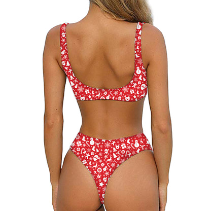 Merry Christmas Elements Pattern Print Front Bow Tie Bikini