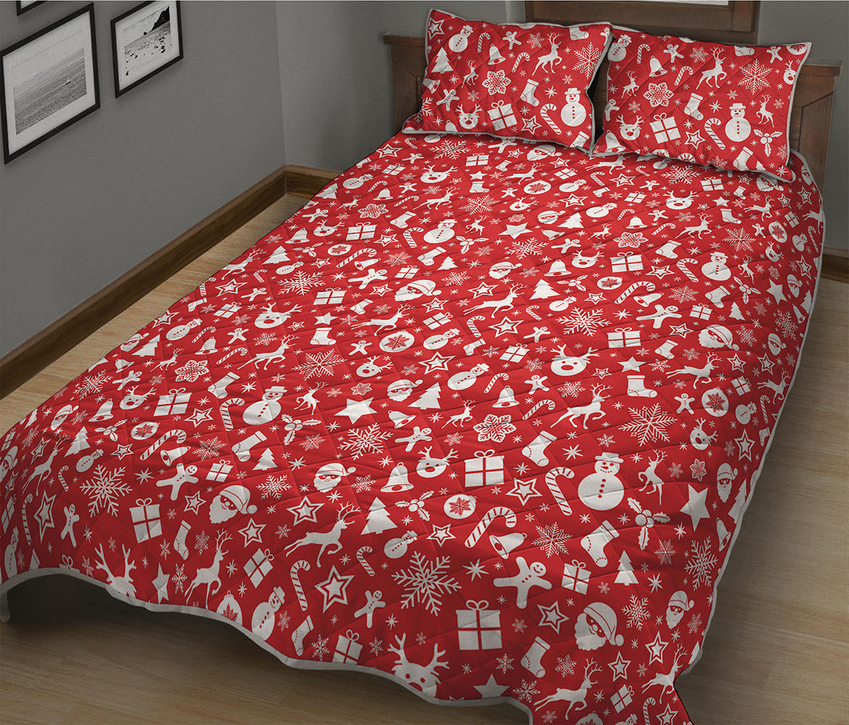 Merry Christmas Elements Pattern Print Quilt Bed Set