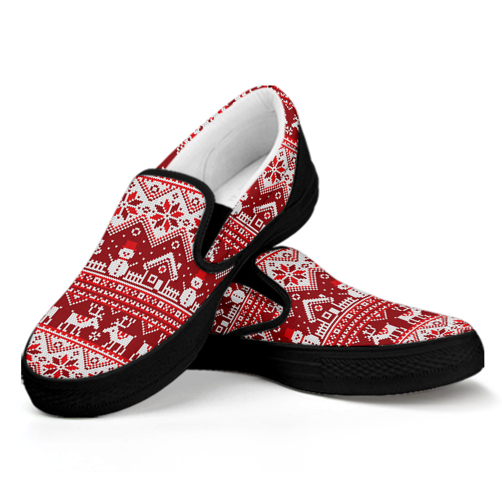 Merry Christmas Knitted Pattern Print Black Slip On Shoes