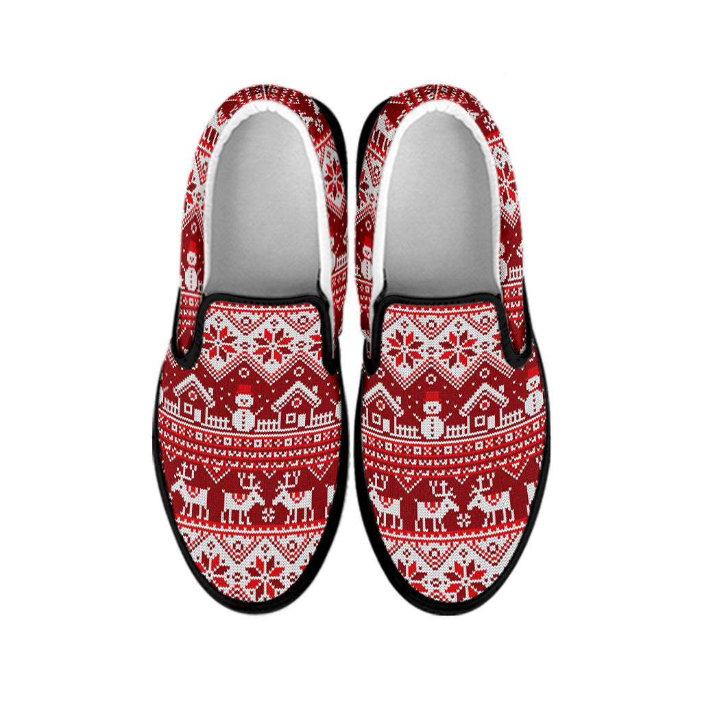 Merry Christmas Knitted Pattern Print Black Slip On Shoes