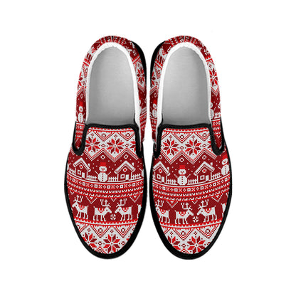 Merry Christmas Knitted Pattern Print Black Slip On Shoes