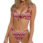 Merry Christmas Knitted Pattern Print Front Bow Tie Bikini
