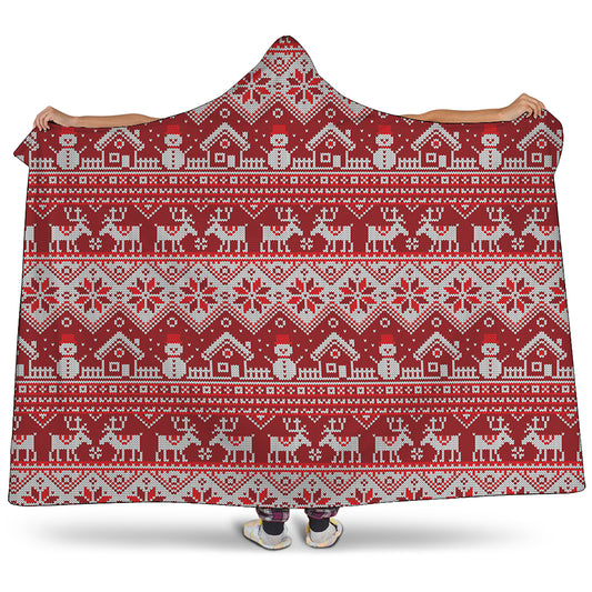 Merry Christmas Knitted Pattern Print Hooded Blanket