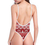 Merry Christmas Knitted Pattern Print One Piece High Cut Swimsuit