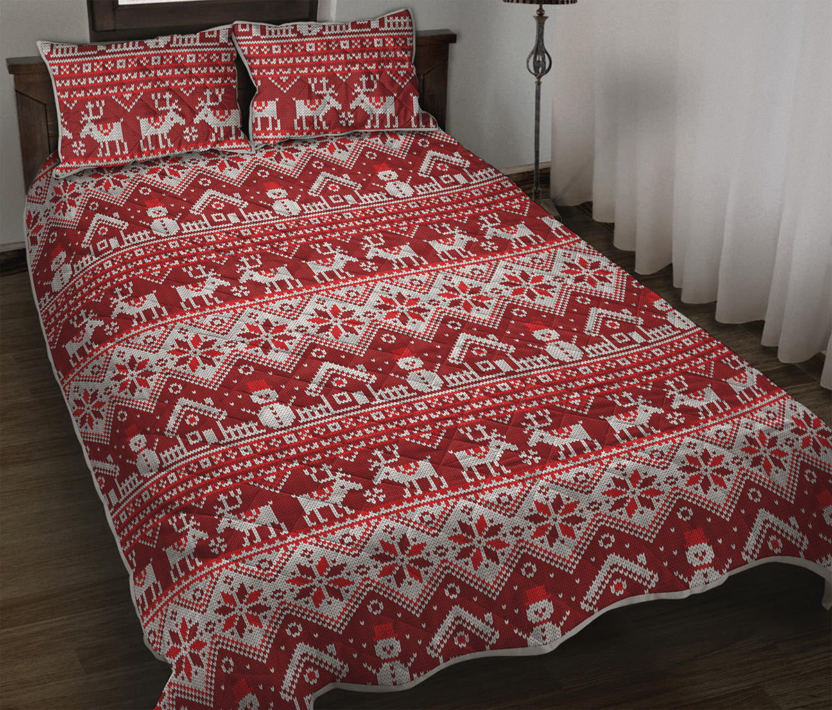 Merry Christmas Knitted Pattern Print Quilt Bed Set