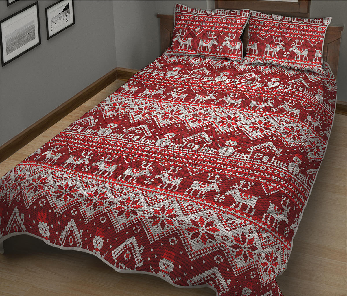 Merry Christmas Knitted Pattern Print Quilt Bed Set