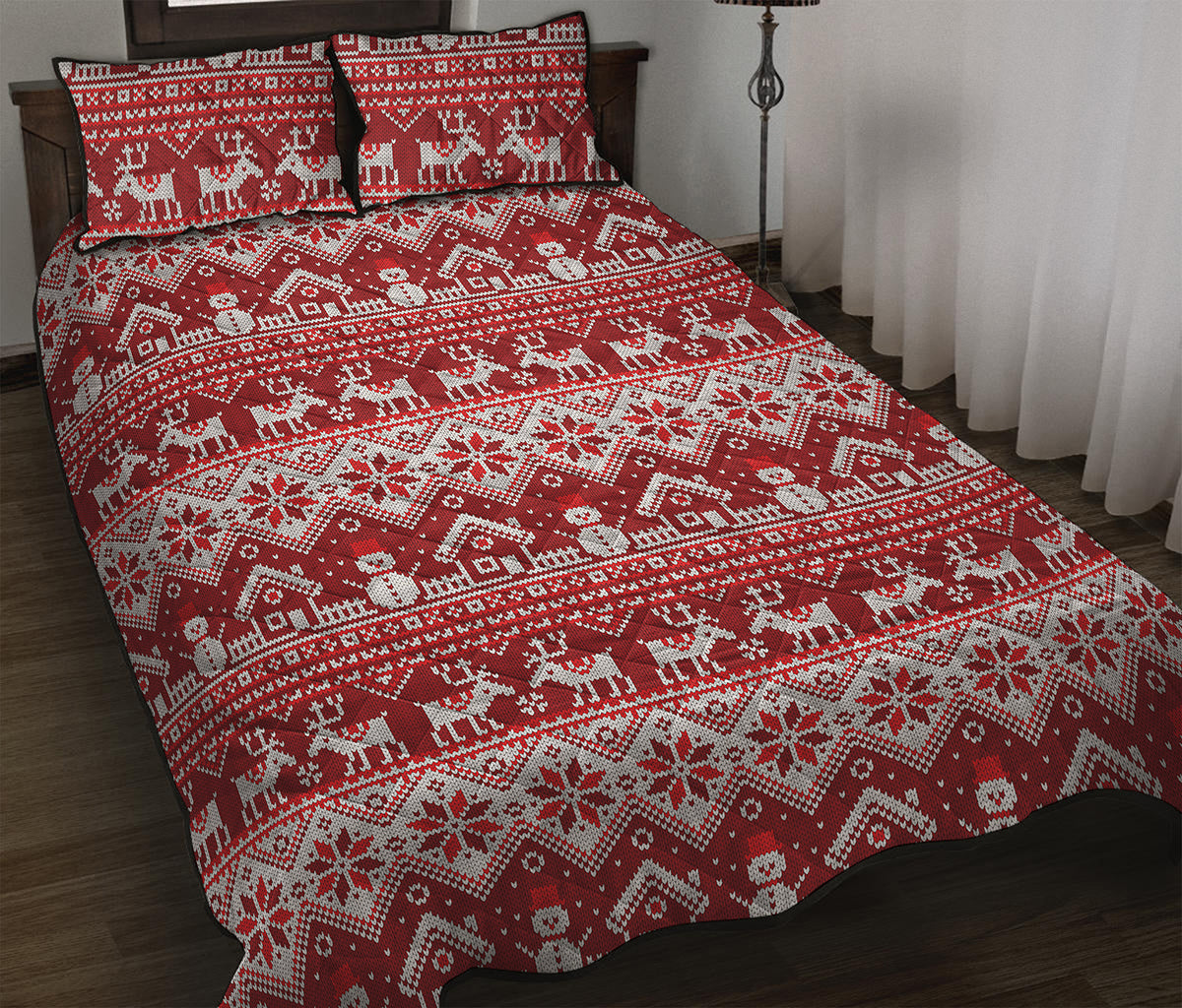 Merry Christmas Knitted Pattern Print Quilt Bed Set
