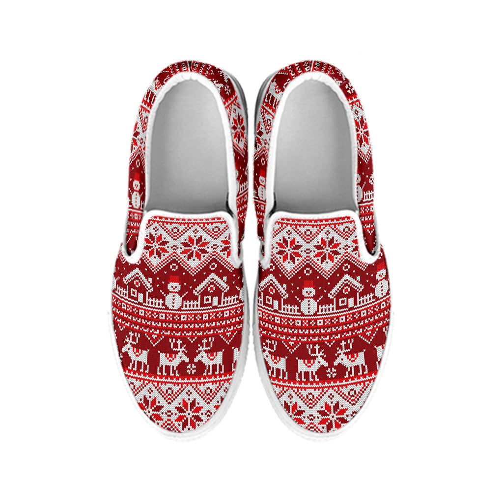 Merry Christmas Knitted Pattern Print White Slip On Shoes