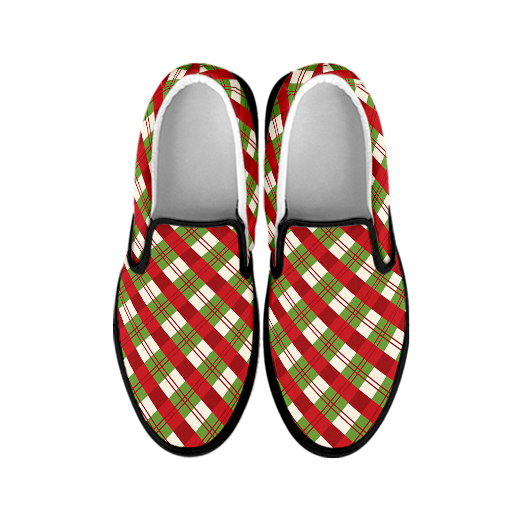 Merry Christmas Plaid Pattern Print Black Slip On Shoes