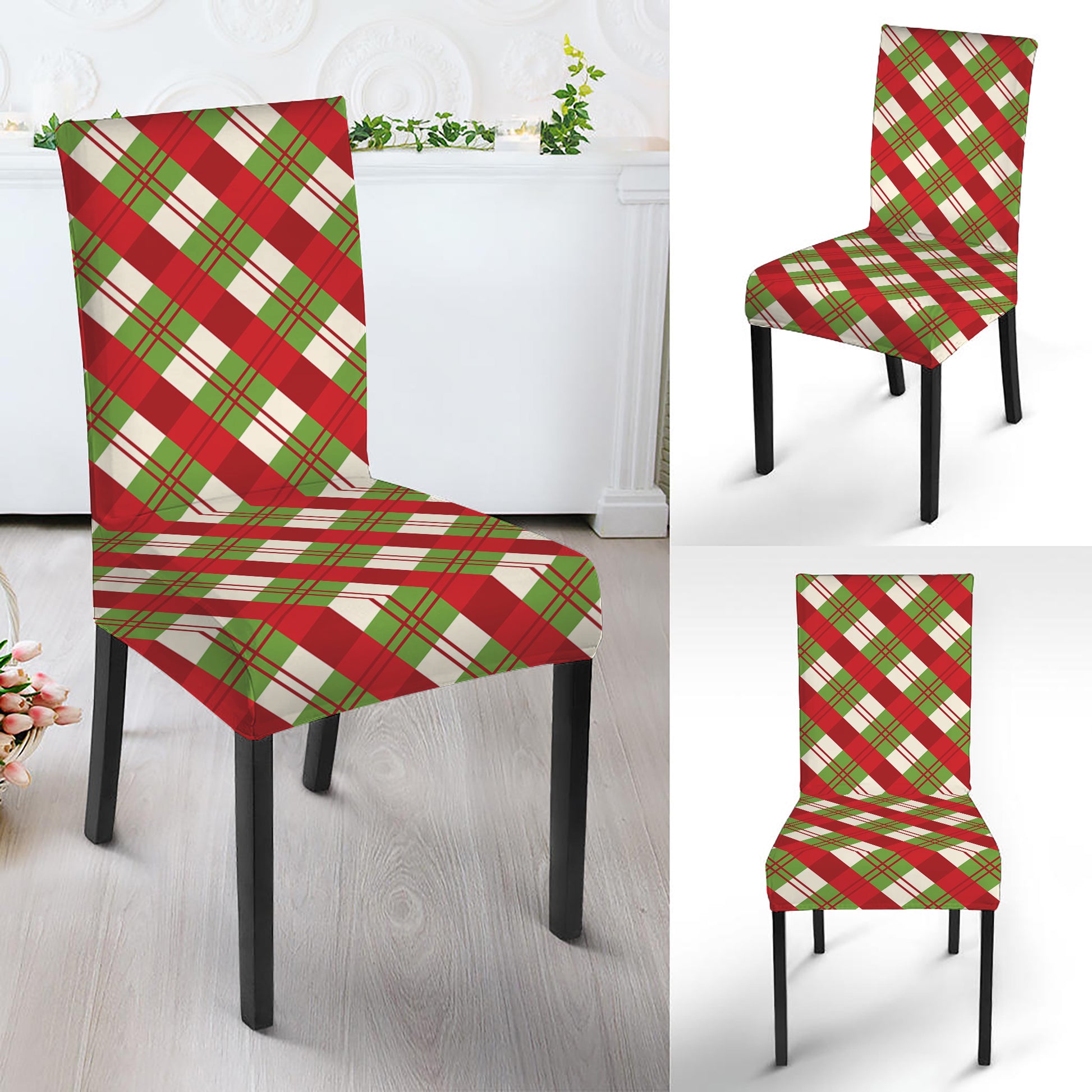 Merry Christmas Plaid Pattern Print Dining Chair Slipcover