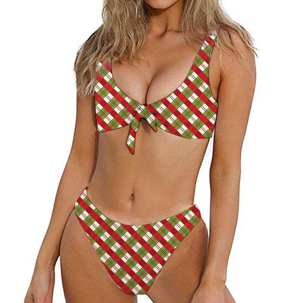Merry Christmas Plaid Pattern Print Front Bow Tie Bikini