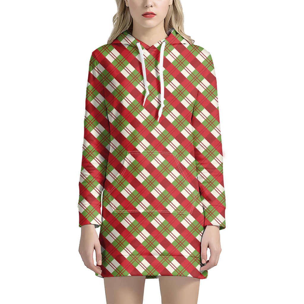 Merry Christmas Plaid Pattern Print Hoodie Dress