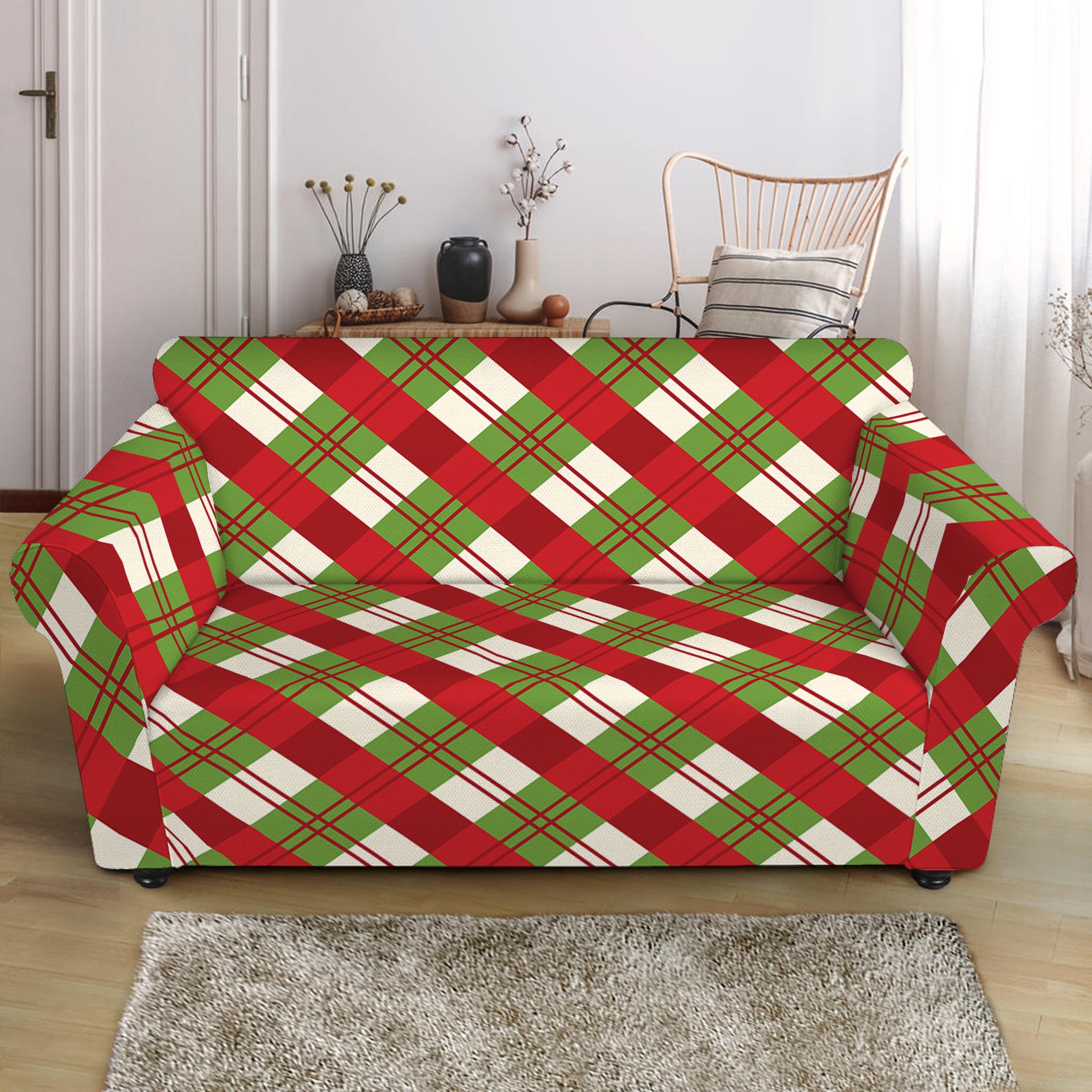 Merry Christmas Plaid Pattern Print Loveseat Slipcover