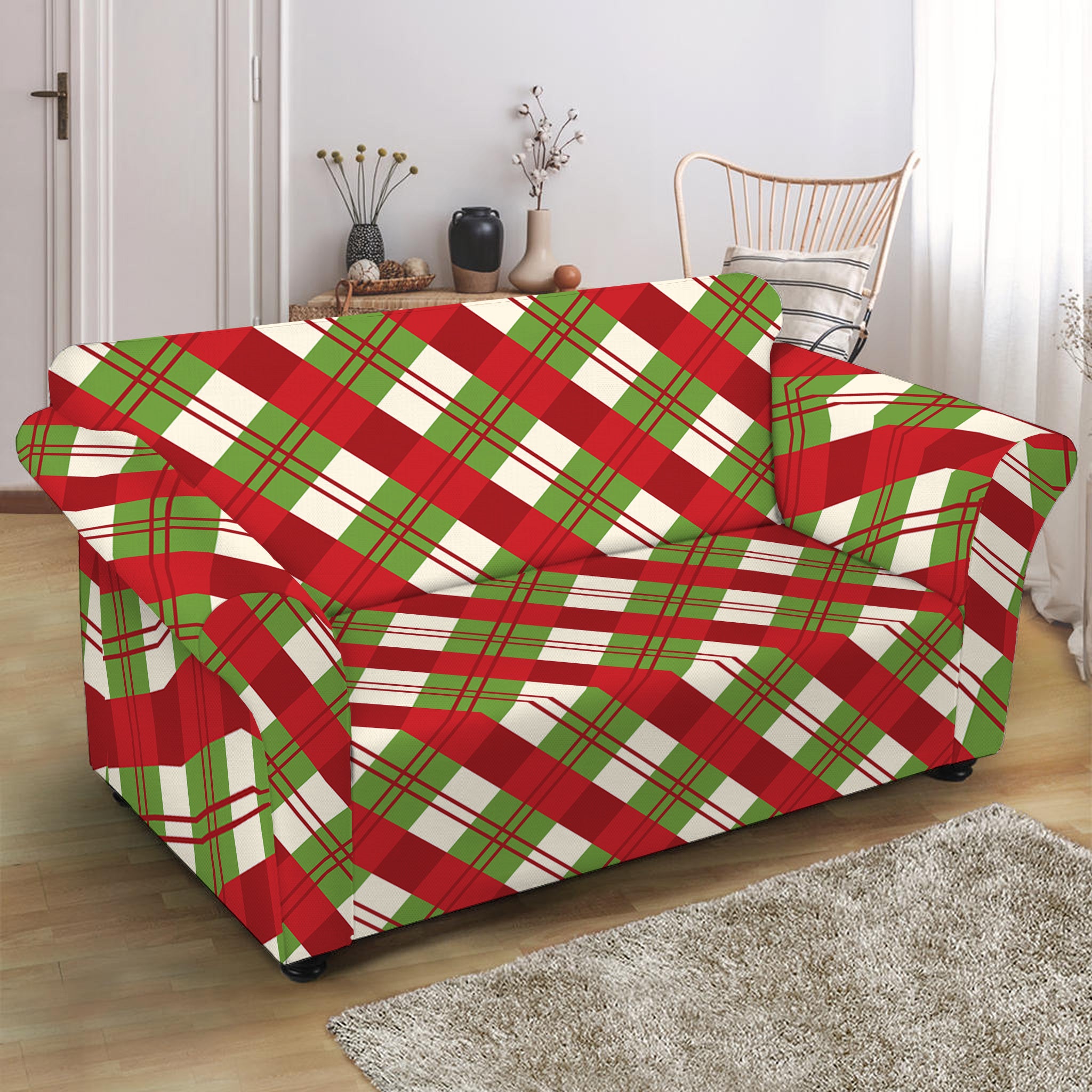 Merry Christmas Plaid Pattern Print Loveseat Slipcover