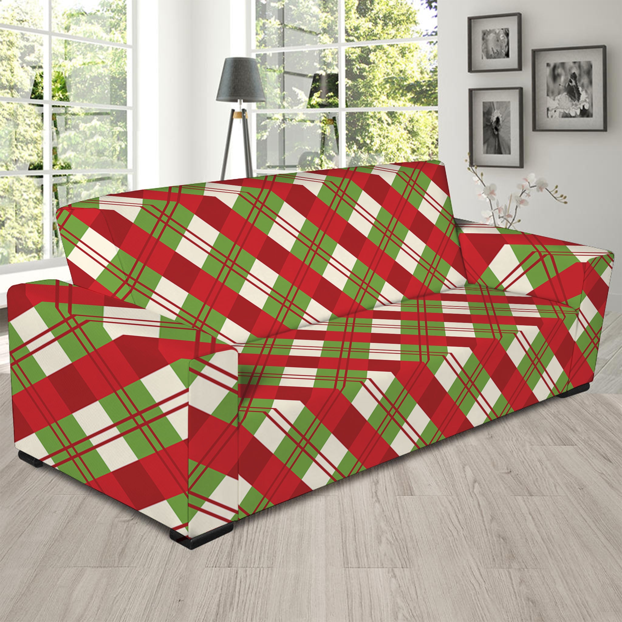 Merry Christmas Plaid Pattern Print Sofa Slipcover