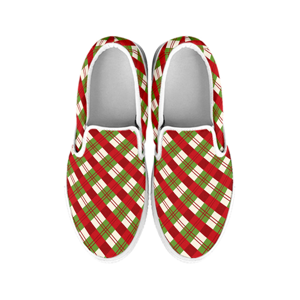 Merry Christmas Plaid Pattern Print White Slip On Shoes