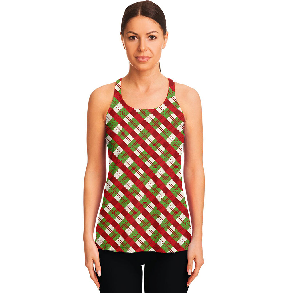 Merry Christmas Plaid Pattern Print Women's Racerback Tank Top