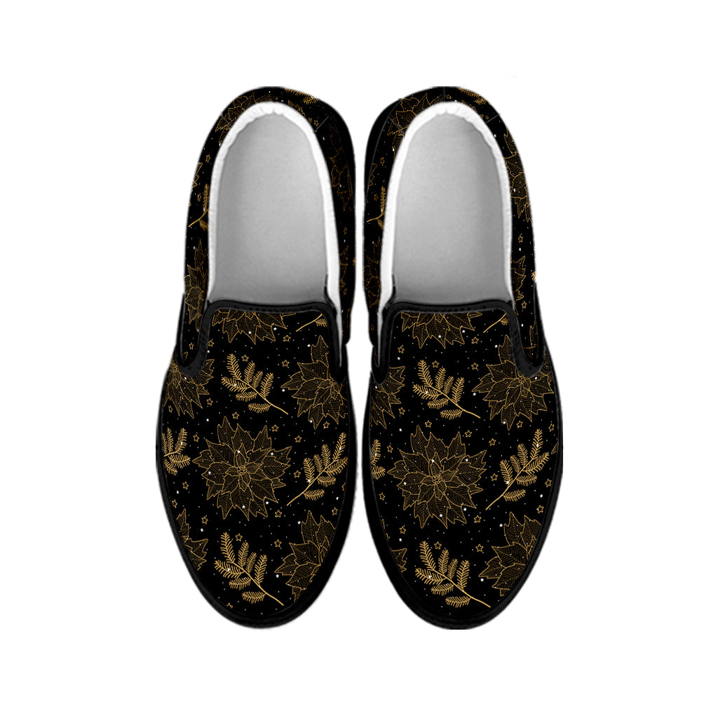Merry Christmas Poinsettia Pattern Print Black Slip On Shoes