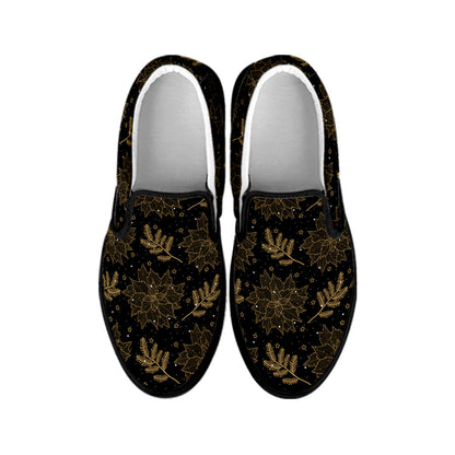 Merry Christmas Poinsettia Pattern Print Black Slip On Shoes