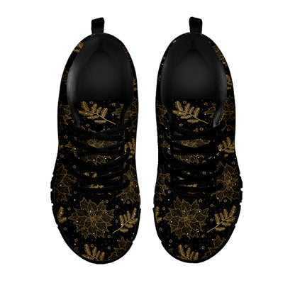 Merry Christmas Poinsettia Pattern Print Black Sneakers