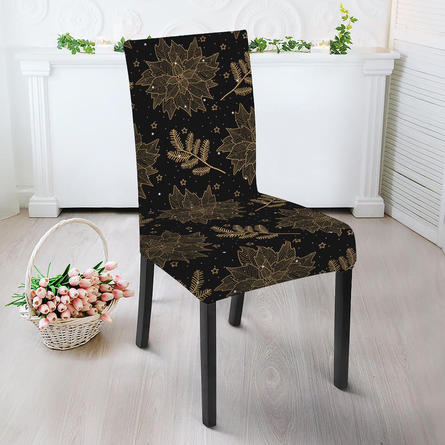 Merry Christmas Poinsettia Pattern Print Dining Chair Slipcover