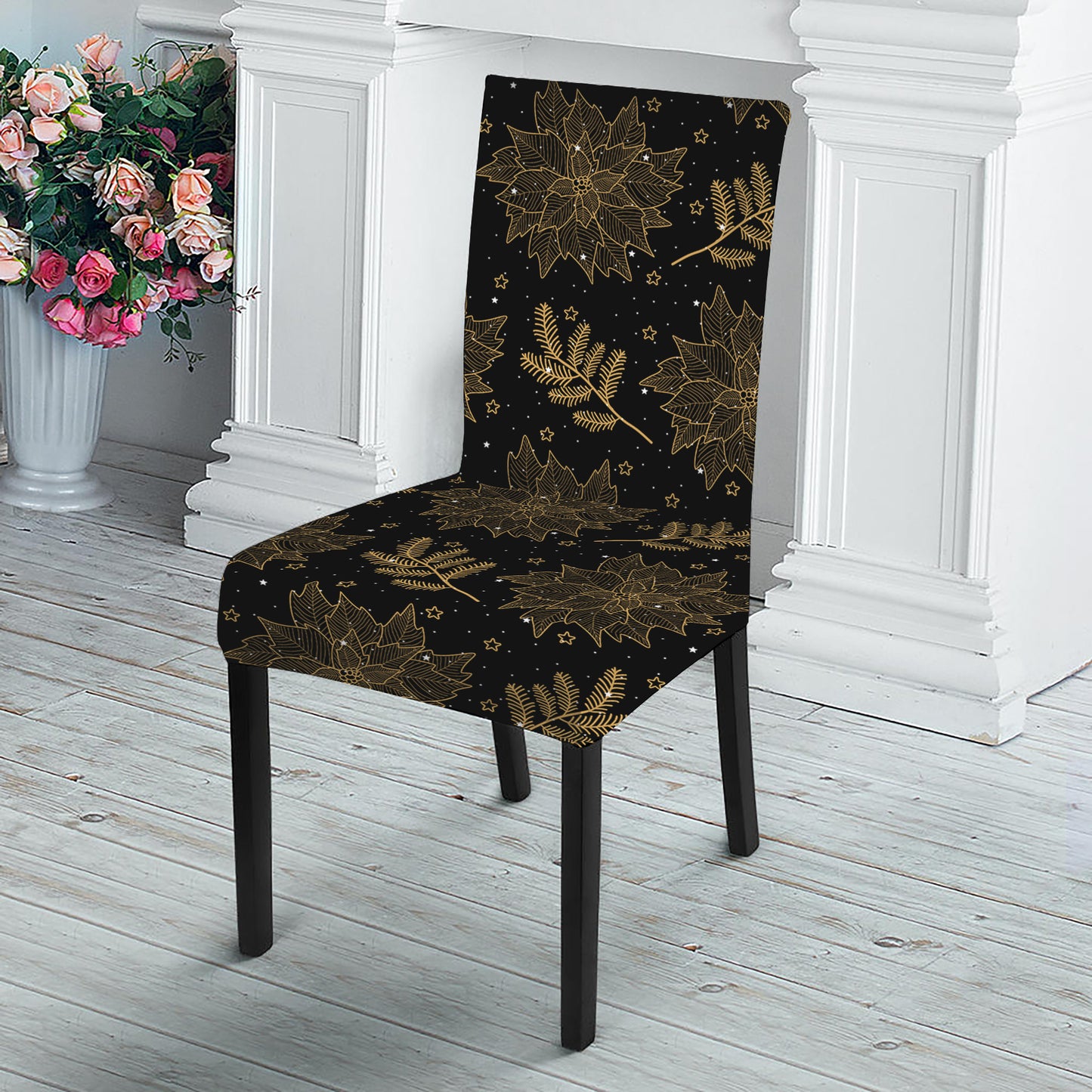 Merry Christmas Poinsettia Pattern Print Dining Chair Slipcover