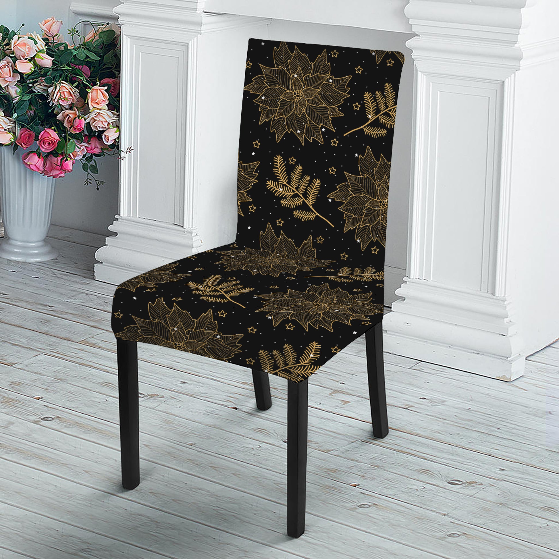 Merry Christmas Poinsettia Pattern Print Dining Chair Slipcover