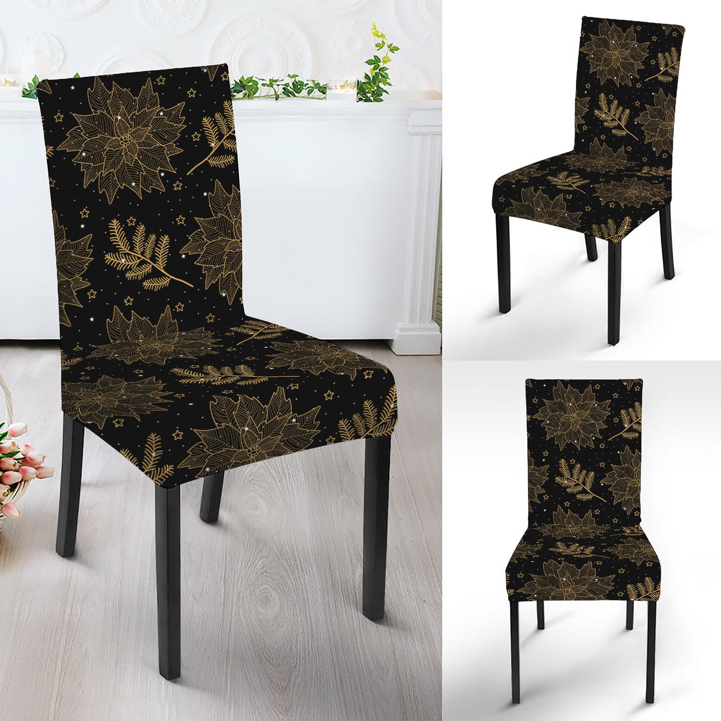 Merry Christmas Poinsettia Pattern Print Dining Chair Slipcover
