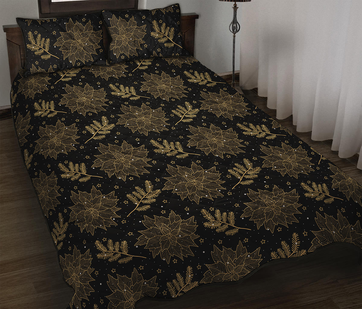 Merry Christmas Poinsettia Pattern Print Quilt Bed Set