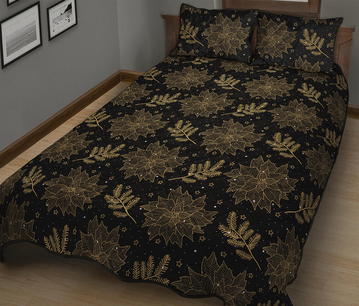 Merry Christmas Poinsettia Pattern Print Quilt Bed Set