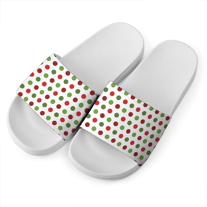 Merry Christmas Polka Dot Pattern Print White Slide Sandals