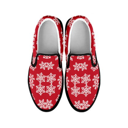 Merry Christmas Snowflakes Pattern Print Black Slip On Shoes